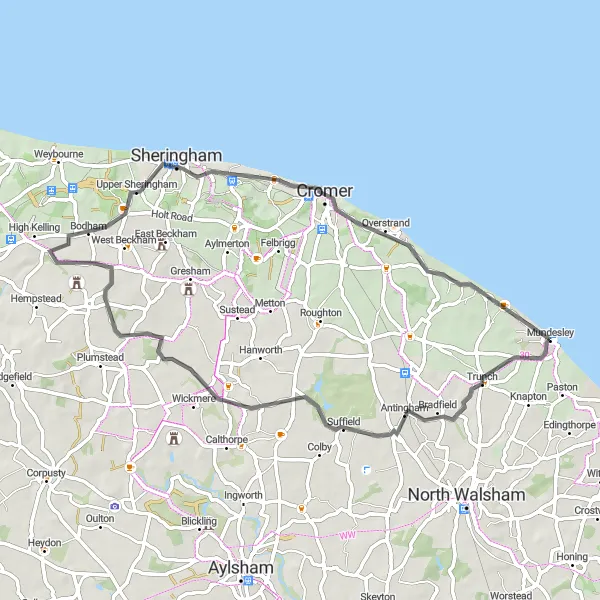 Map miniature of "Coastal Exploration" cycling inspiration in East Anglia, United Kingdom. Generated by Tarmacs.app cycling route planner