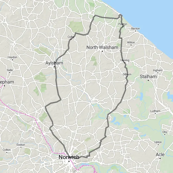 Map miniature of "Road Adventure" cycling inspiration in East Anglia, United Kingdom. Generated by Tarmacs.app cycling route planner