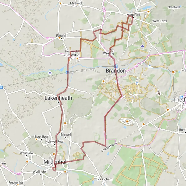 Map miniature of "Brandon and Lakenheath Gravel Ride" cycling inspiration in East Anglia, United Kingdom. Generated by Tarmacs.app cycling route planner