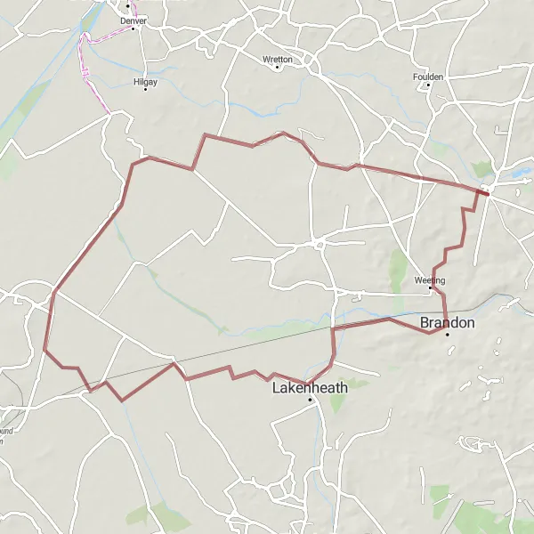 Map miniature of "Brandon to Southery Gravel Adventure" cycling inspiration in East Anglia, United Kingdom. Generated by Tarmacs.app cycling route planner