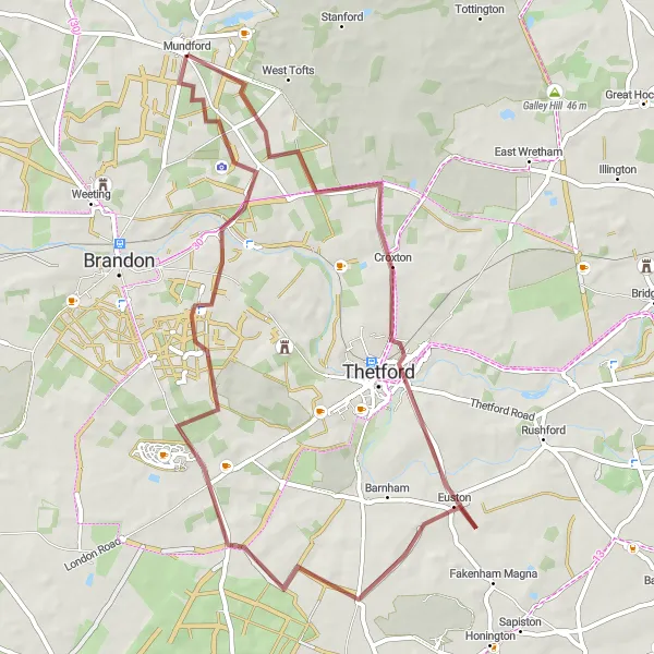 Map miniature of "The Euston Gravel Loop" cycling inspiration in East Anglia, United Kingdom. Generated by Tarmacs.app cycling route planner