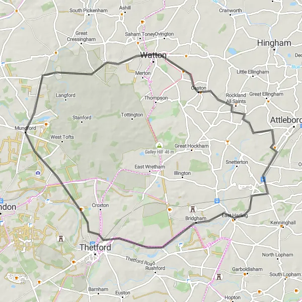 Map miniature of "Brettenham and Watton Road Cycling Adventure" cycling inspiration in East Anglia, United Kingdom. Generated by Tarmacs.app cycling route planner