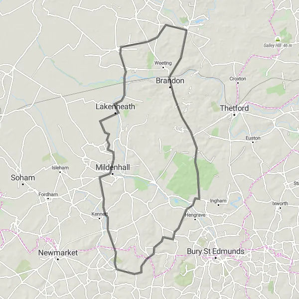 Map miniature of "Mundford to Hockwold cum Wilton Scenic Road Ride" cycling inspiration in East Anglia, United Kingdom. Generated by Tarmacs.app cycling route planner