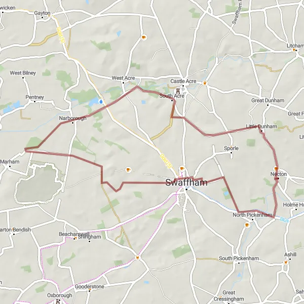 Map miniature of "The Swaffham Loop" cycling inspiration in East Anglia, United Kingdom. Generated by Tarmacs.app cycling route planner