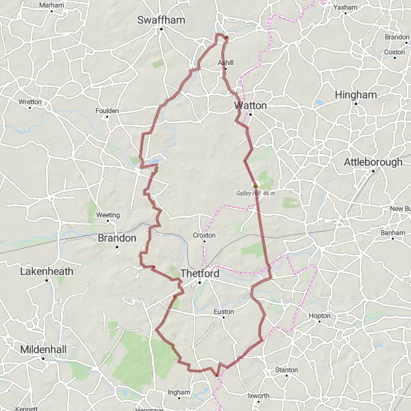 Map miniature of "The Forest Trail" cycling inspiration in East Anglia, United Kingdom. Generated by Tarmacs.app cycling route planner