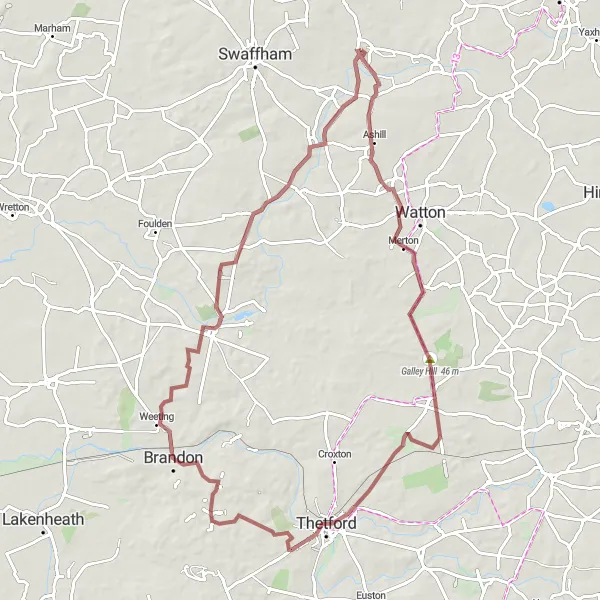 Map miniature of "The Thetford Adventure" cycling inspiration in East Anglia, United Kingdom. Generated by Tarmacs.app cycling route planner