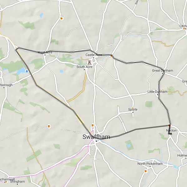 Map miniature of "Swaffham Circuit" cycling inspiration in East Anglia, United Kingdom. Generated by Tarmacs.app cycling route planner