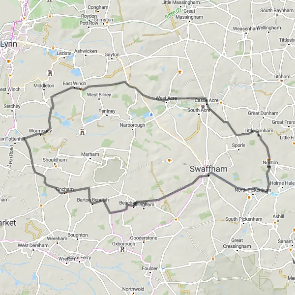 Map miniature of "Exploring Norfolk Villages" cycling inspiration in East Anglia, United Kingdom. Generated by Tarmacs.app cycling route planner