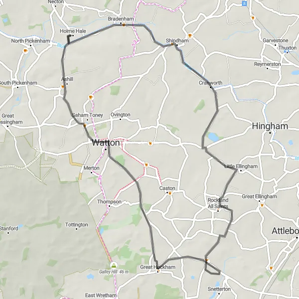 Map miniature of "Necton Loop" cycling inspiration in East Anglia, United Kingdom. Generated by Tarmacs.app cycling route planner