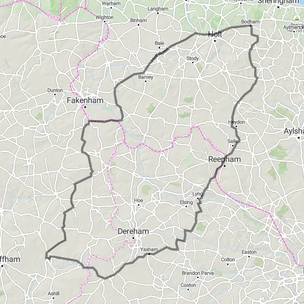 Map miniature of "Fransham to Sparham Adventure" cycling inspiration in East Anglia, United Kingdom. Generated by Tarmacs.app cycling route planner