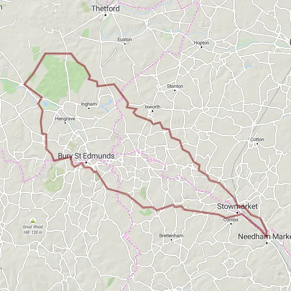 Map miniature of "Suffolk Gravel Adventure" cycling inspiration in East Anglia, United Kingdom. Generated by Tarmacs.app cycling route planner