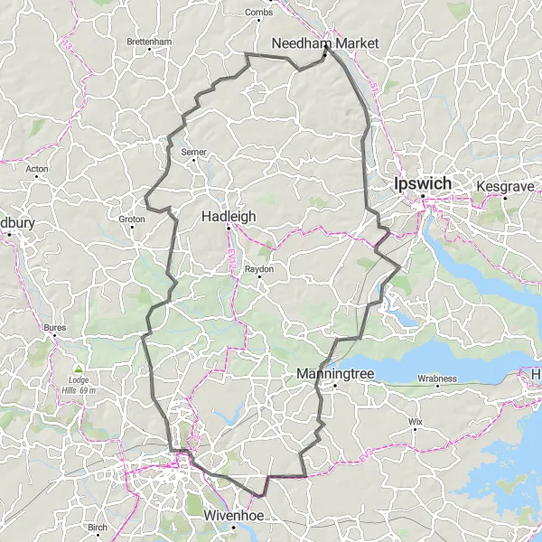Map miniature of "Suffolk Scenic Road Cycling" cycling inspiration in East Anglia, United Kingdom. Generated by Tarmacs.app cycling route planner