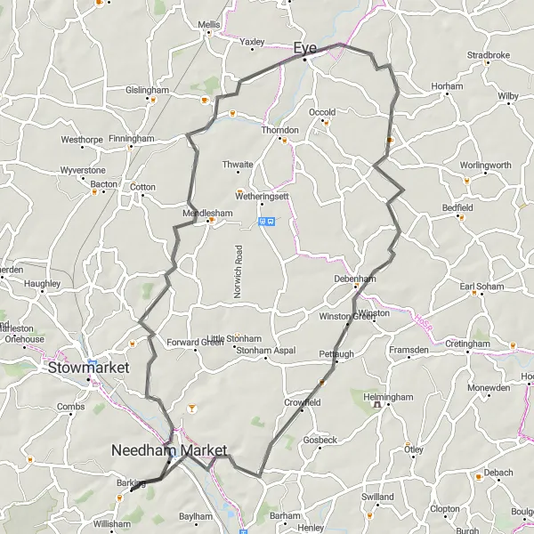 Map miniature of "The Eye Expedition" cycling inspiration in East Anglia, United Kingdom. Generated by Tarmacs.app cycling route planner