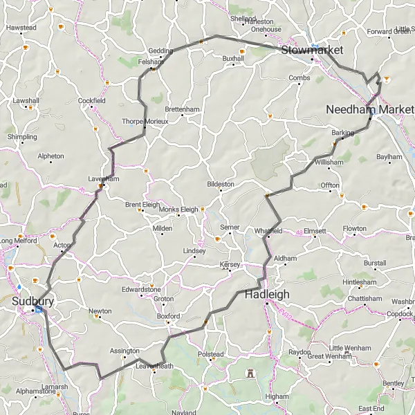 Map miniature of "The Barking Adventure" cycling inspiration in East Anglia, United Kingdom. Generated by Tarmacs.app cycling route planner