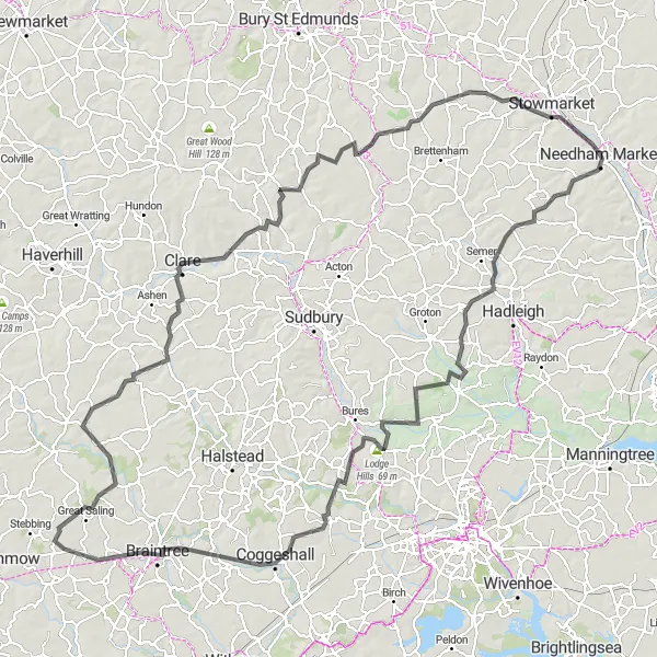 Map miniature of "The Kersey Heritage Loop" cycling inspiration in East Anglia, United Kingdom. Generated by Tarmacs.app cycling route planner