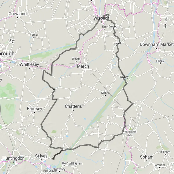 Map miniature of "The Fens Loop" cycling inspiration in East Anglia, United Kingdom. Generated by Tarmacs.app cycling route planner