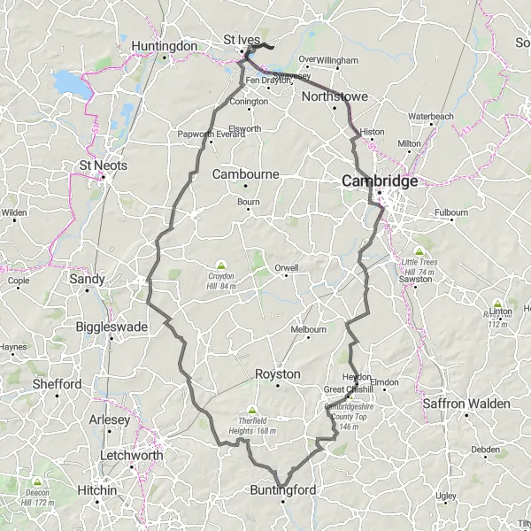 Map miniature of "Cambridge County Challenge" cycling inspiration in East Anglia, United Kingdom. Generated by Tarmacs.app cycling route planner