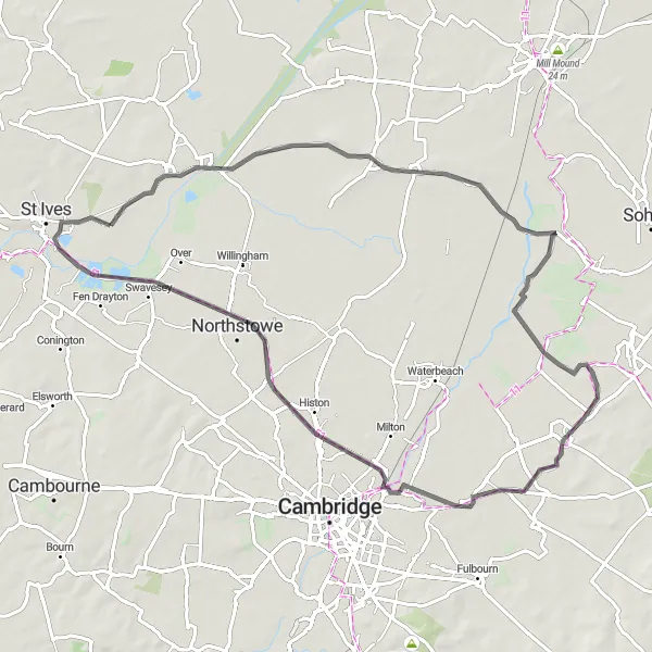 Map miniature of "Discovering East Cambridgeshire" cycling inspiration in East Anglia, United Kingdom. Generated by Tarmacs.app cycling route planner