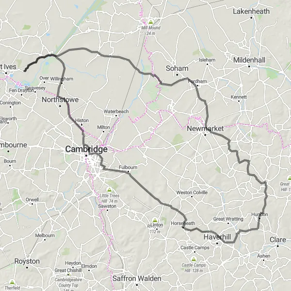Map miniature of "Scenic Countryside Tour" cycling inspiration in East Anglia, United Kingdom. Generated by Tarmacs.app cycling route planner