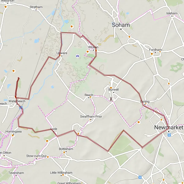 Map miniature of "Lode and Waterbeach Gravel Ride" cycling inspiration in East Anglia, United Kingdom. Generated by Tarmacs.app cycling route planner