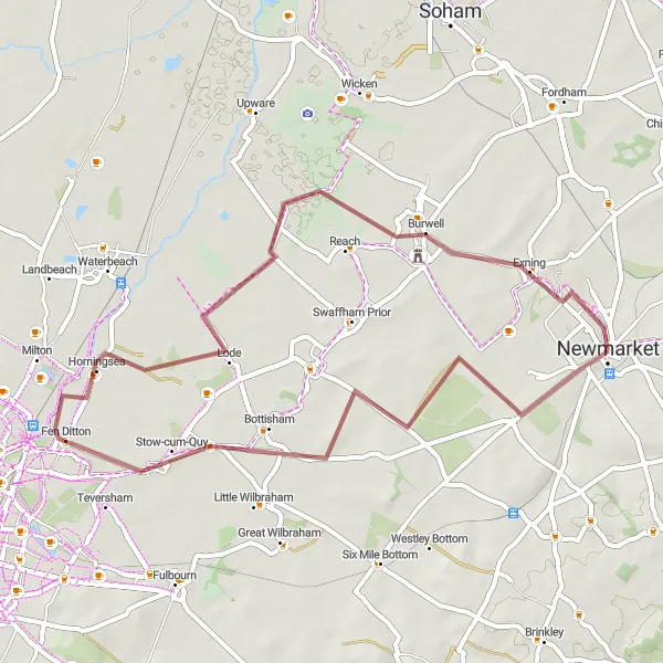 Map miniature of "Bottisham and Fen Ditton Gravel Ride" cycling inspiration in East Anglia, United Kingdom. Generated by Tarmacs.app cycling route planner