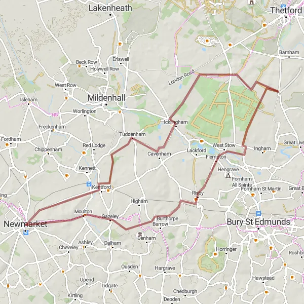 Map miniature of "Newmarket to Tattersalls Auctioneers Gravel Loop" cycling inspiration in East Anglia, United Kingdom. Generated by Tarmacs.app cycling route planner