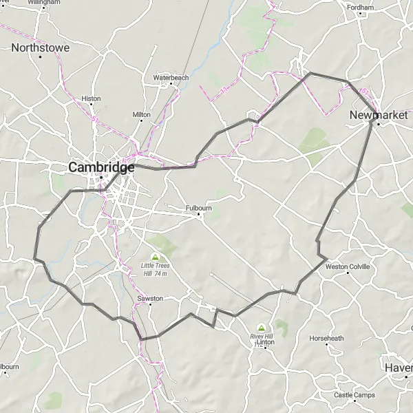 Map miniature of "Newmarket to Cambridge Loop" cycling inspiration in East Anglia, United Kingdom. Generated by Tarmacs.app cycling route planner