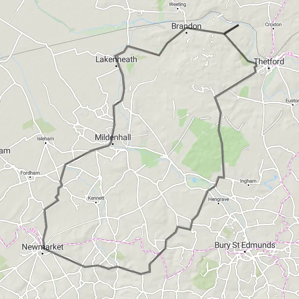 Map miniature of "Newmarket to Lakenheath Loop" cycling inspiration in East Anglia, United Kingdom. Generated by Tarmacs.app cycling route planner