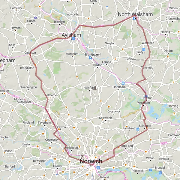 Map miniature of "Worstead to Aylsham Gravel Adventure" cycling inspiration in East Anglia, United Kingdom. Generated by Tarmacs.app cycling route planner