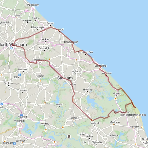 Map miniature of "The Coastal Gravel Loop" cycling inspiration in East Anglia, United Kingdom. Generated by Tarmacs.app cycling route planner