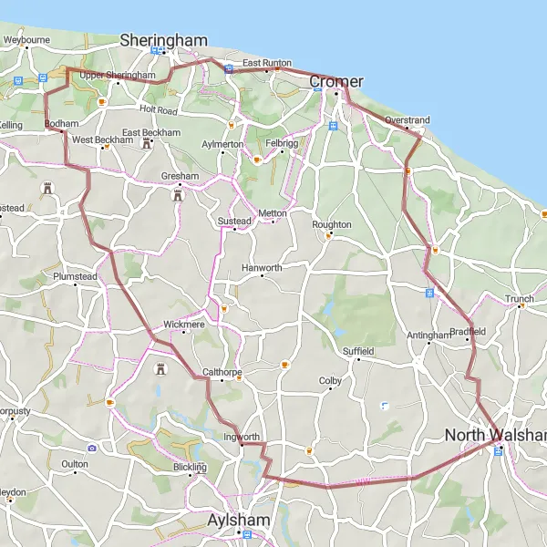 Map miniature of "Felmingham to Southrepps Gravel Escape" cycling inspiration in East Anglia, United Kingdom. Generated by Tarmacs.app cycling route planner