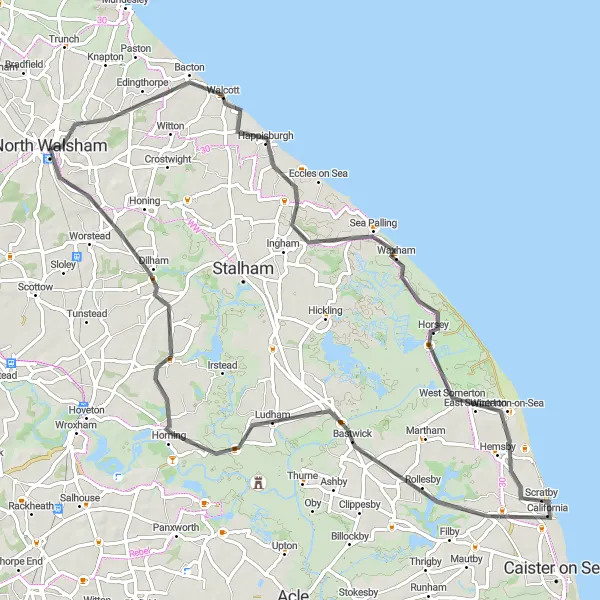Map miniature of "The Coastal Adventure" cycling inspiration in East Anglia, United Kingdom. Generated by Tarmacs.app cycling route planner