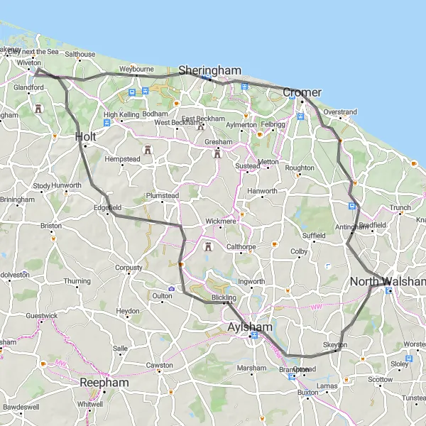 Map miniature of "Blickling and Cromer Road Ride" cycling inspiration in East Anglia, United Kingdom. Generated by Tarmacs.app cycling route planner