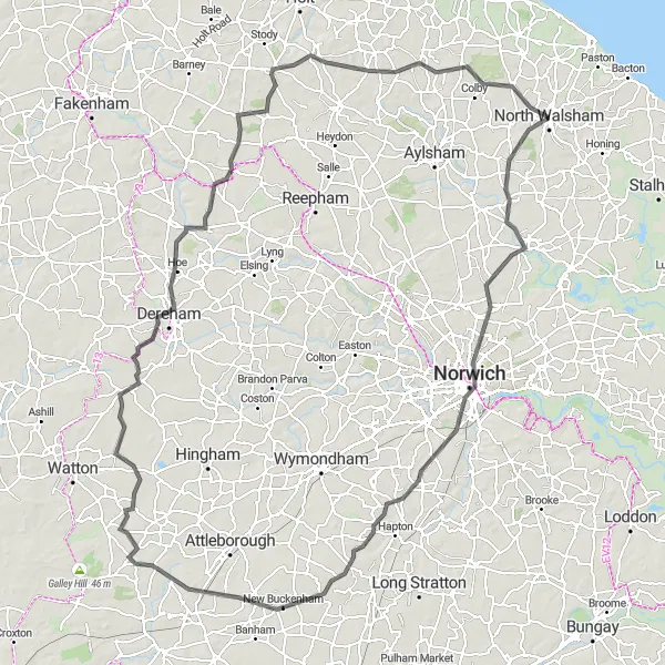 Map miniature of "North Walsham to Derham Loop" cycling inspiration in East Anglia, United Kingdom. Generated by Tarmacs.app cycling route planner