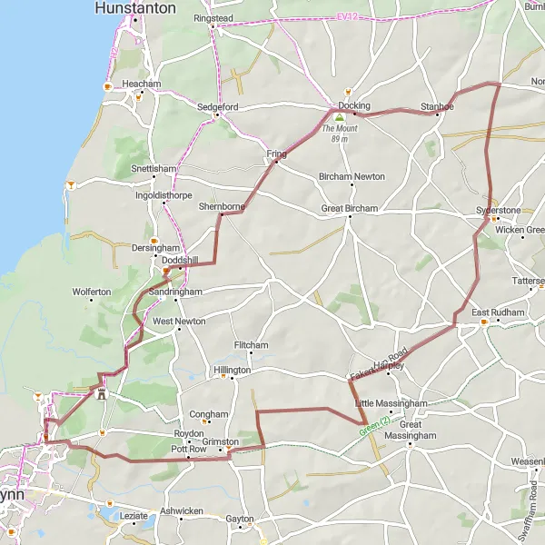 Map miniature of "Castle Rising Gravel Loop" cycling inspiration in East Anglia, United Kingdom. Generated by Tarmacs.app cycling route planner