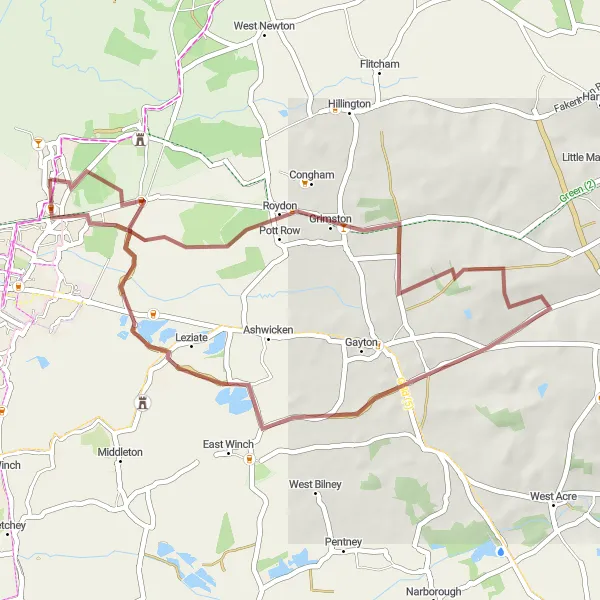 Map miniature of "Roydon Gravel Adventure" cycling inspiration in East Anglia, United Kingdom. Generated by Tarmacs.app cycling route planner