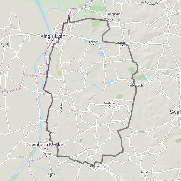 Map miniature of "Ashwicken Loop" cycling inspiration in East Anglia, United Kingdom. Generated by Tarmacs.app cycling route planner