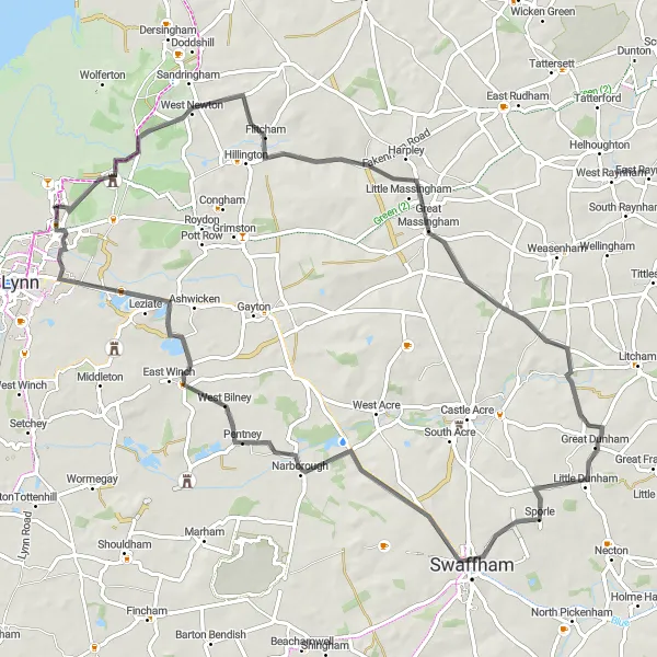 Map miniature of "Royal Norfolk Mansion Ride" cycling inspiration in East Anglia, United Kingdom. Generated by Tarmacs.app cycling route planner