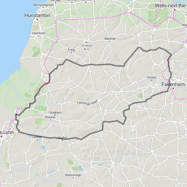 Map miniature of "Coastal Explorer" cycling inspiration in East Anglia, United Kingdom. Generated by Tarmacs.app cycling route planner