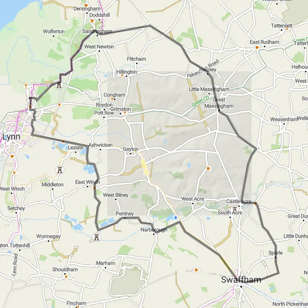 Map miniature of "Sandringham Exploration" cycling inspiration in East Anglia, United Kingdom. Generated by Tarmacs.app cycling route planner