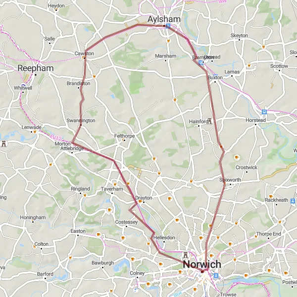 Map miniature of "Norwich to Old Catton Gravel Ride" cycling inspiration in East Anglia, United Kingdom. Generated by Tarmacs.app cycling route planner