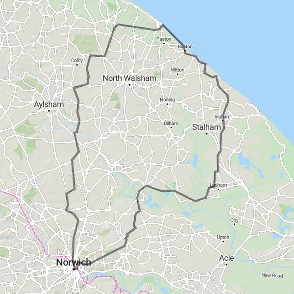 Map miniature of "Norwich to Ludham" cycling inspiration in East Anglia, United Kingdom. Generated by Tarmacs.app cycling route planner