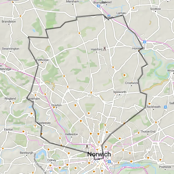 Map miniature of "Norwich to Coltishall Loop" cycling inspiration in East Anglia, United Kingdom. Generated by Tarmacs.app cycling route planner