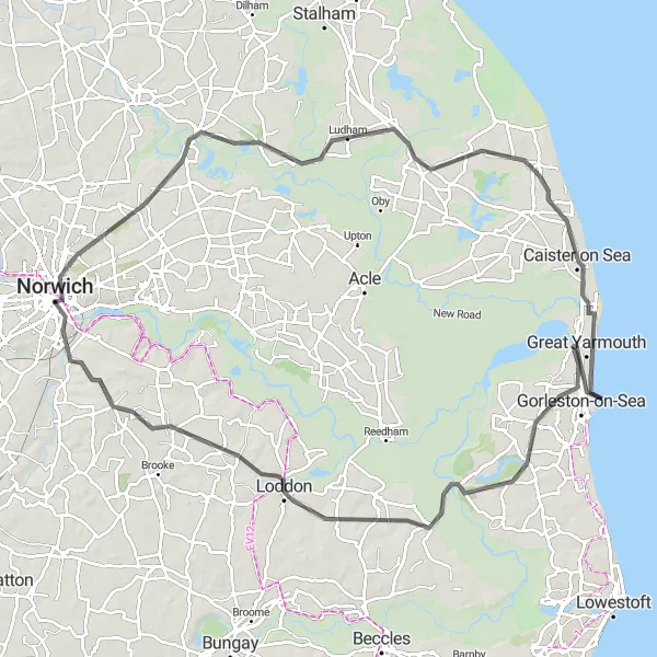 Map miniature of "Norfolk Coastal Ride" cycling inspiration in East Anglia, United Kingdom. Generated by Tarmacs.app cycling route planner