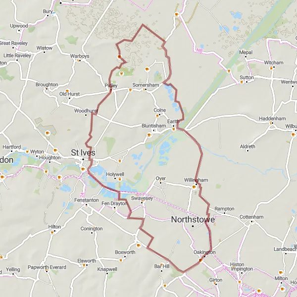 Map miniature of "Scenic Gravel Tour via Lolworth and Earith" cycling inspiration in East Anglia, United Kingdom. Generated by Tarmacs.app cycling route planner