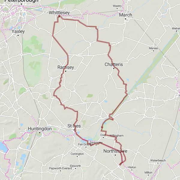 Map miniature of "St Ives to Ramsey Gravel Odyssey" cycling inspiration in East Anglia, United Kingdom. Generated by Tarmacs.app cycling route planner