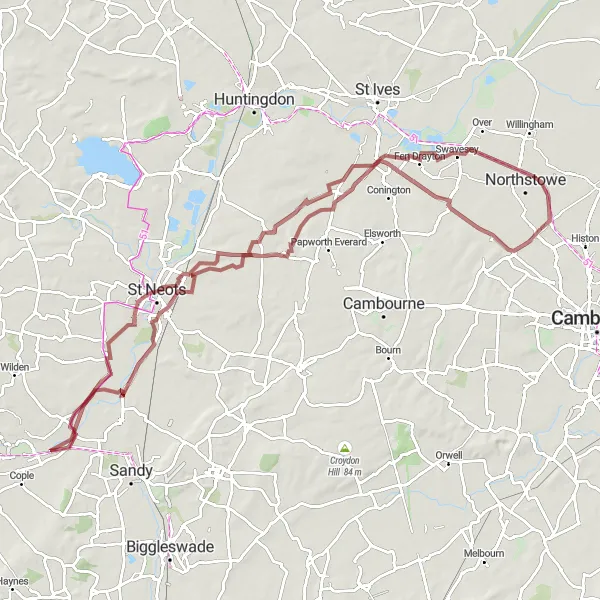 Map miniature of "Exploring Fenland Villages Gravel Adventure" cycling inspiration in East Anglia, United Kingdom. Generated by Tarmacs.app cycling route planner