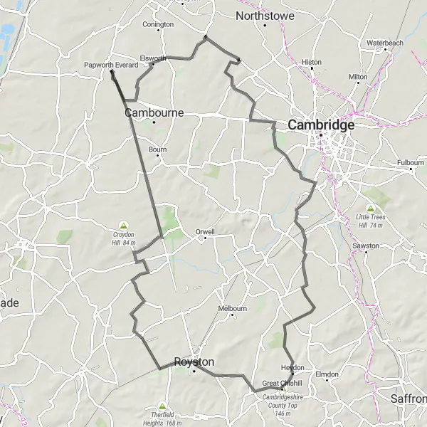 Map miniature of "Papworth Everard - Circular Tour" cycling inspiration in East Anglia, United Kingdom. Generated by Tarmacs.app cycling route planner