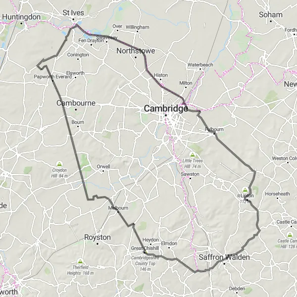 Map miniature of "Cambridgeshire Road Adventure" cycling inspiration in East Anglia, United Kingdom. Generated by Tarmacs.app cycling route planner