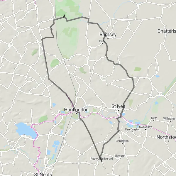 Map miniature of "Huntingdonshire Discovery" cycling inspiration in East Anglia, United Kingdom. Generated by Tarmacs.app cycling route planner